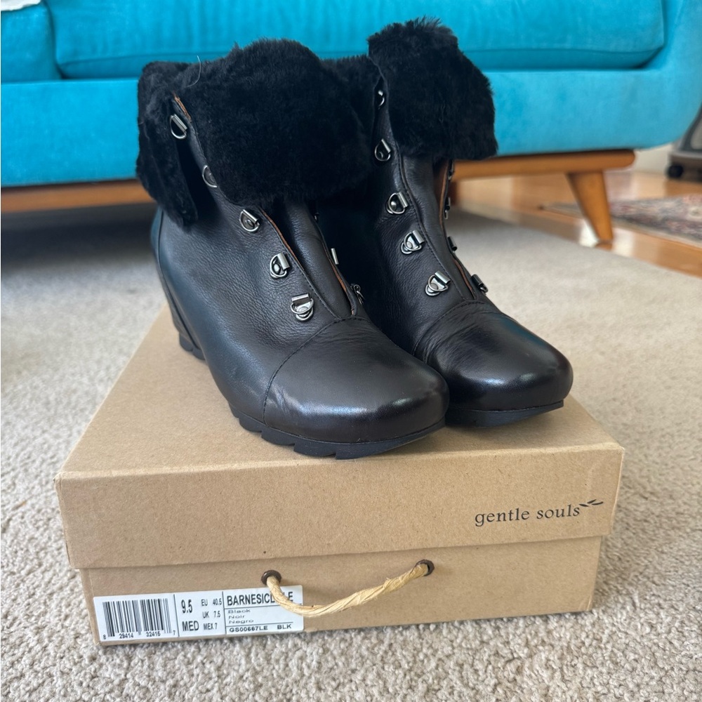 Gentle Souls Black Ankle Boots with Fur Trim